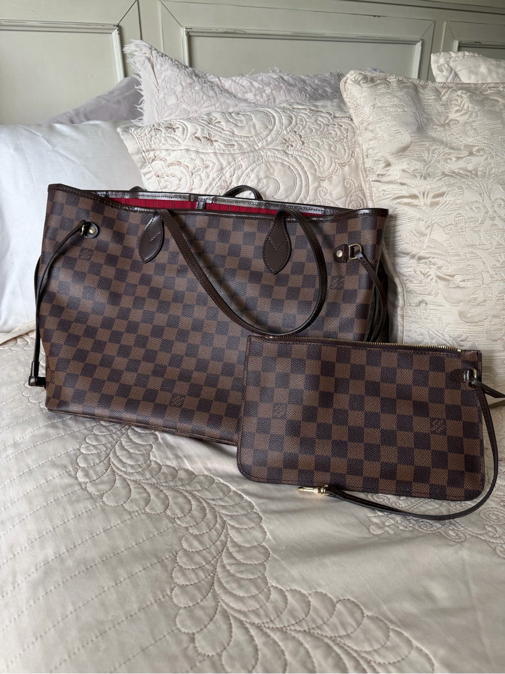 Designer-Inspired Brown Check Tote with Matching Pouch